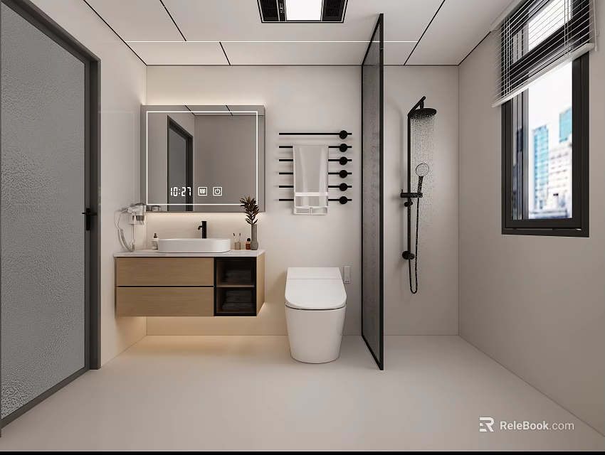 Modern Bathroom Interior With Toilet Vanity Sink Mirror Glass Shower Partition And Ceiling Light 3d model 