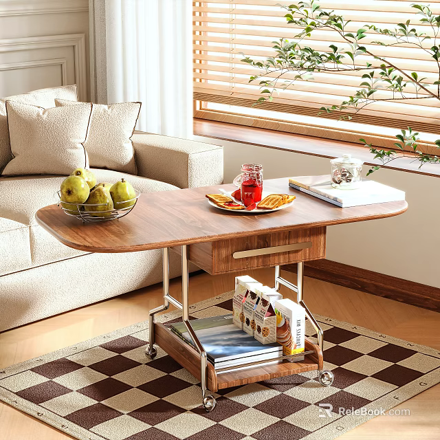 Modern Wooden Coffee Table with Storage Shelf Wheels Fruit Bowl and Books in Living Room 3d model 
