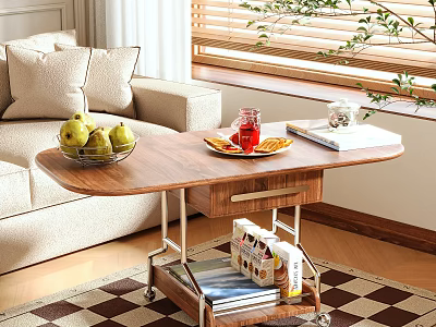 Modern Wooden Coffee Table with Storage Shelf Wheels Fruit Bowl and Books in Living Room 3d model