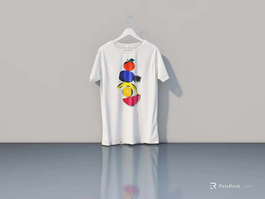 White T Shirt With Colorful Pattern Hanging On Hanger Against Gray Wall 3d model 