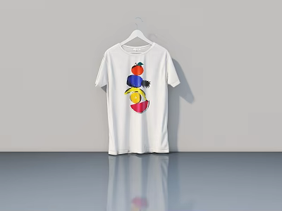 White T Shirt With Colorful Pattern Hanging On Hanger Against Gray Wall 3d model