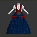 Elegant Dress With Red Vest White Sleeves Blue Layered Skirt And Red Bows