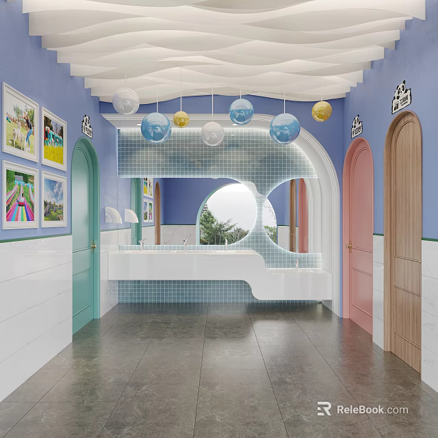Colorful Public Restroom With Blue Purple Walls Decorative Spherical Lights And Children Paintings 3d model 