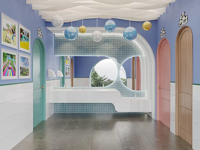 Colorful Public Restroom With Blue Purple Walls Decorative Spherical Lights And Children Paintings 3d model
