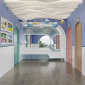 Colorful Public Restroom With Blue Purple Walls Decorative Spherical Lights And Children Paintings