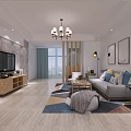 Modern Living and Dining Room Interior With Wooden Dining Table Chairs Pendant Light And Cabinets