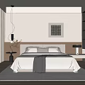 Modern Minimalist Bedroom Interior With Large Window White Curtains Decorative Painting And Built in Cabinets