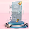 Transparent Smartphone With Golden Bell Message Bubble Chart Play Button Blue Base Pink Background 3d model