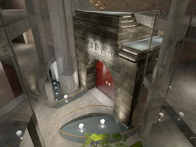 Traditional Stone Gate With Red Door In Modern Glass Interior Design Space 3d model