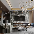 Elegant Living and Dining Room Interior With Chandelier Green Sofa Marble Floor and Floor-to-Ceiling Windows