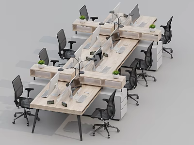 Modern Office Workspace Featuring Multiple Wooden Desks Ergonomic Chairs Computer Monitors And Green Plants 3d model