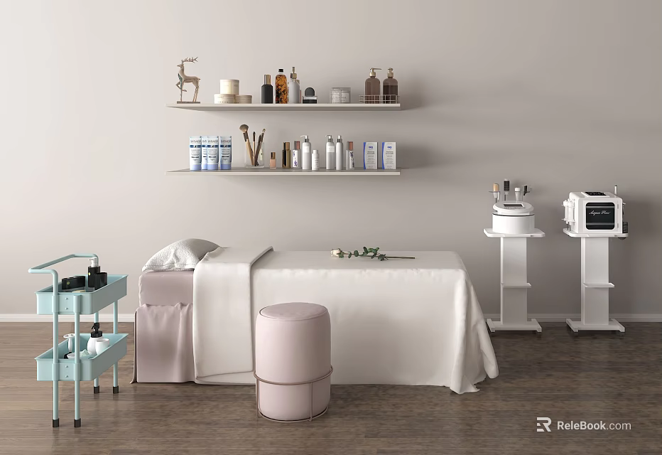 Beauty Treatment Room With White Bed Pink Stool Blue Trolley And Shelf Decorations 3d model 