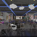 Modern Restaurant Interior Design With Round Tables Bar Counter Neon Lights And Wine Racks