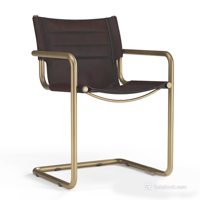 Dark Brown Leather Leisure Chair With Gold Metal Frame And Armrests Design 3d model 