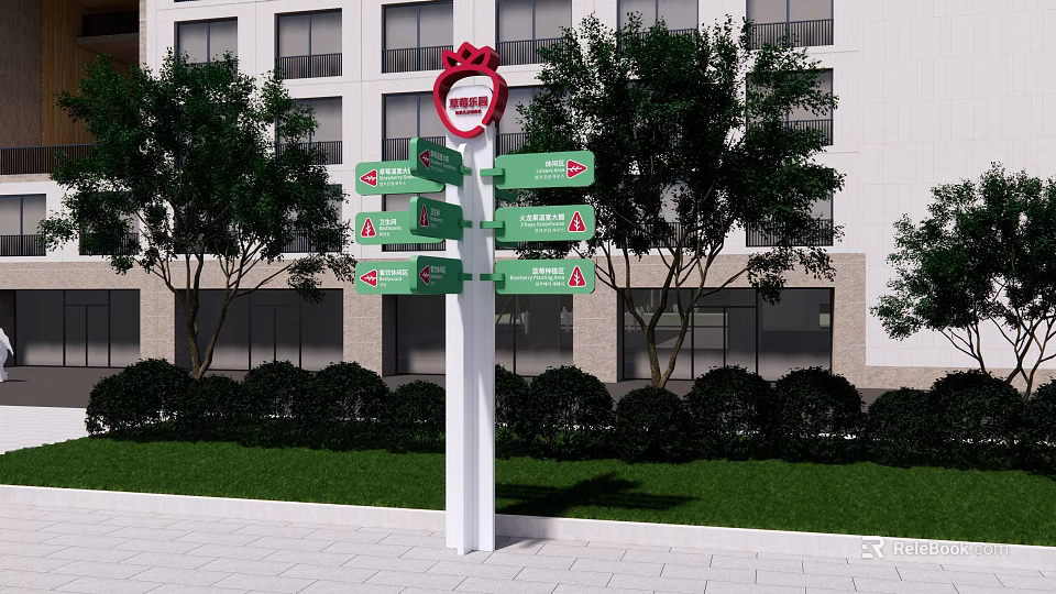 Wayfinding Signpost With Multiple Directional Arrows in Front of Building Surrounded by Trees and Lawn 3d model 