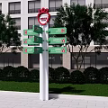 Wayfinding Signpost With Multiple Directional Arrows in Front of Building Surrounded by Trees and Lawn