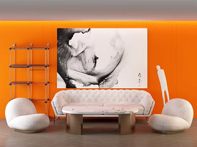 White Sofa and Marble Coffee Table Set with Black White Abstract Painting Orange Wall 3d model