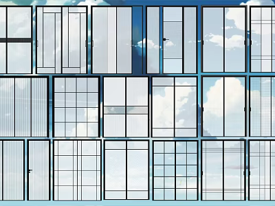 Modern Architectural Glass Window Panels In Various Designs With Blue Sky Background 3d model