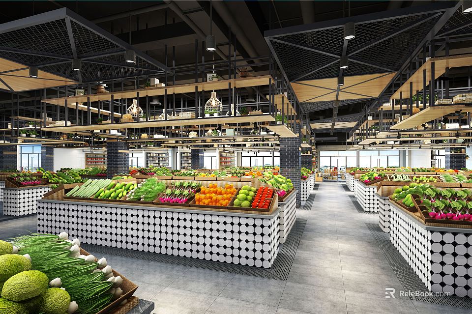 Supermarket Department Store Fresh Fruits Vegetables Display With Shelves And Modern Layout 3d model 