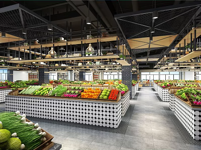 Supermarket Department Store Fresh Fruits Vegetables Display With Shelves And Modern Layout 3d model