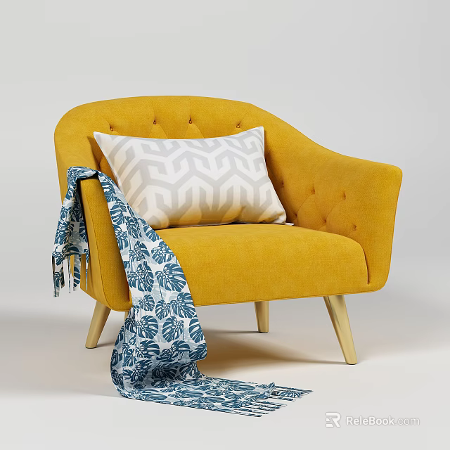 Comfortable Yellow Single Sofa With Geometric Pattern Pillow And Blue White Leaf Throw 3d model