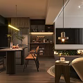 Cozy Living and Dining Area Interior Design with Dark Green Walls Round Rug and Pendant Lights