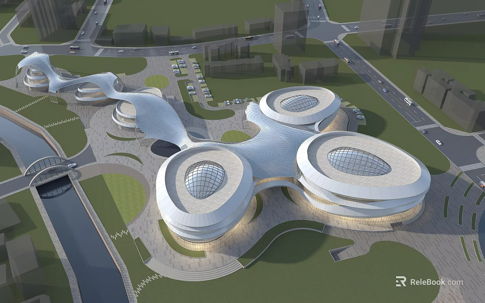Modern Architectural Complex Featuring Circular Structures Transparent Roofs Green Spaces And Roads 3d model 
