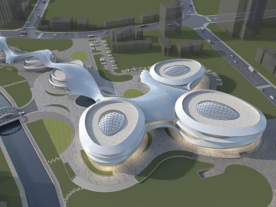 Modern Architectural Complex Featuring Circular Structures Transparent Roofs Green Spaces And Roads 3d model