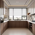Modern Kitchen Interior With Dark Brown Cabinets Stainless Steel Refrigerator Window Blinds And Countertop Design