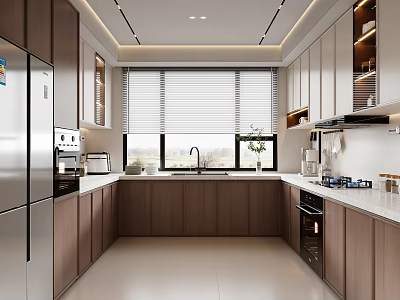 Modern Kitchen Interior With Dark Brown Cabinets Stainless Steel Refrigerator Window Blinds And Countertop Design 3d model