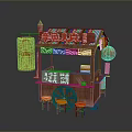 Octopus Ball Street Food Stall With Wooden Structure Red Signboard Lanterns Orange Stools And Blue Wheels