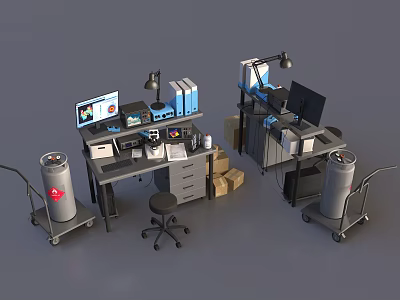 Modern Office Desk Setup With Computer Monitor Desk Lamp File Folders And Documents 3d model