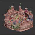 Cartoon Scene With Orange Rocky Terrain White Towers Yellow Tops Blue Characters And Golden Particles