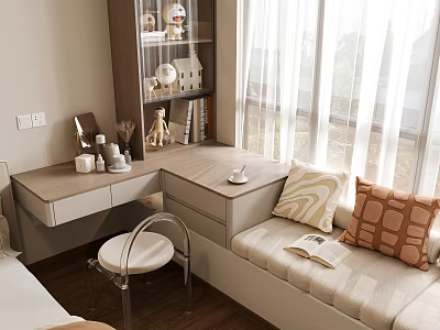 Cozy Bay Window Nook With Sunlight Desk Chair Pillows And Bookshelf 3d model
