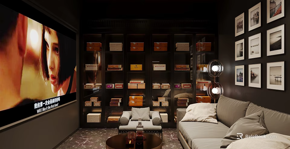 Elegant Hotel Lobby With Large Screen Wooden Storage Boxes And Cozy Sofa 3d model 