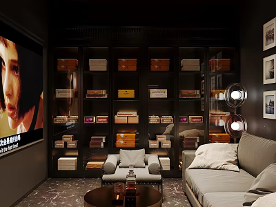 Elegant Hotel Lobby With Large Screen Wooden Storage Boxes And Cozy Sofa 3d model