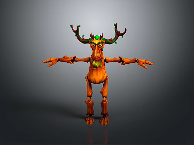 Wooden Reindeer Character With Branch Antlers Green Decorations And Outstretched Limbs 3d model