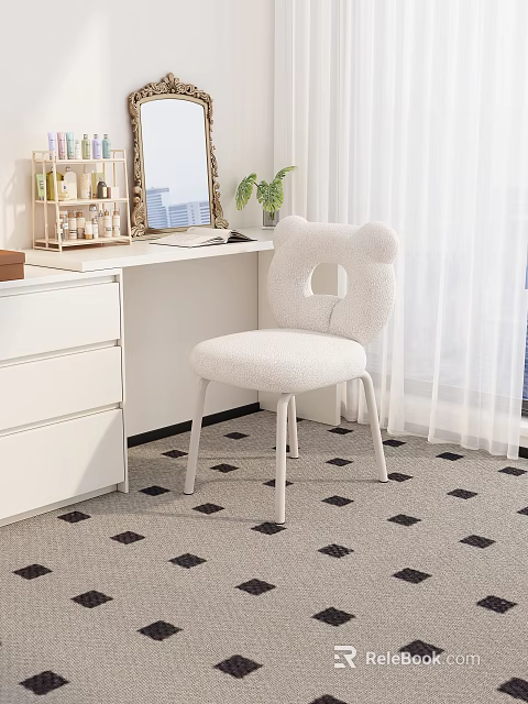 White Fluffy Single Chair With Bear Ear Backrest On Checkered Carpet By Dressing Table Mirror 3d model 