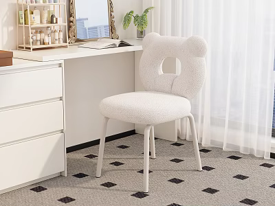 White Fluffy Single Chair With Bear Ear Backrest On Checkered Carpet By Dressing Table Mirror 3d model