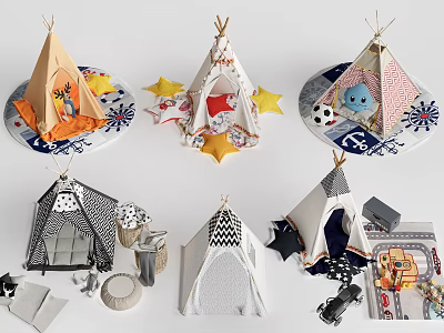 Different Style Kids Tents Featuring Cartoon Patterns Star Decorations and Printed Bases 3d model