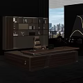 Spacious Modern Luxury Executive Office With LED Lit Wooden Desk And Full Wall Storage Bookcase