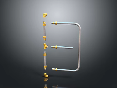 Mechanical Metal Pipe Components Assembly With Silver Pipes And Gold Connectors 3d model