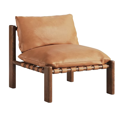 Brown Leather Accent Chair With Seat Cushion Backrest And Wooden Woven Frame 3d model
