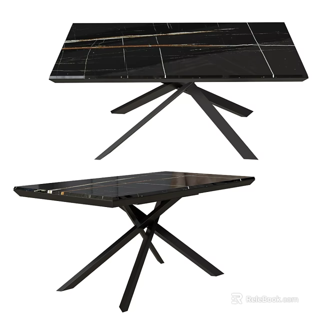 Modern Black Marble Coffee Table With Geometric Lines And Metal Cross Legs 3d model 