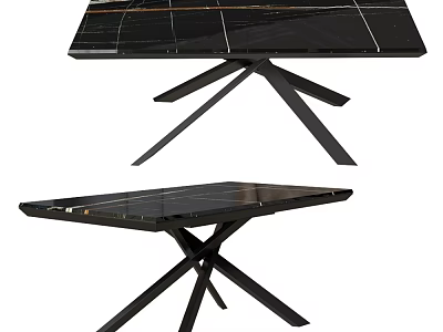 Modern Black Marble Coffee Table With Geometric Lines And Metal Cross Legs 3d model