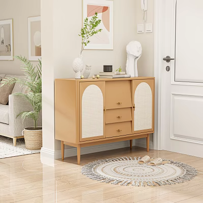 Stylish Entryway Hallway With Light Brown Cabinet Wicker Panels Drawers And Decorative Items 3d model
