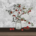 Vase With Red Berries And Green Leaves On Wooden Table Against Gray Textured Wall