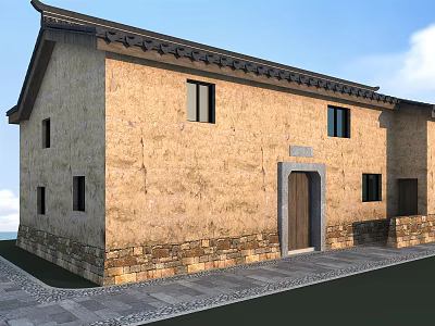 Traditional Chinese Rural Building With Earthen Wall Tile Roof And Wooden Door 3d model