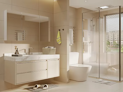 Modern Cream Style Bathroom Dry and Wet Separation Bathroom Sludge Shower Toilet Bathroom Cabinet Bathroom Decoration 3d model