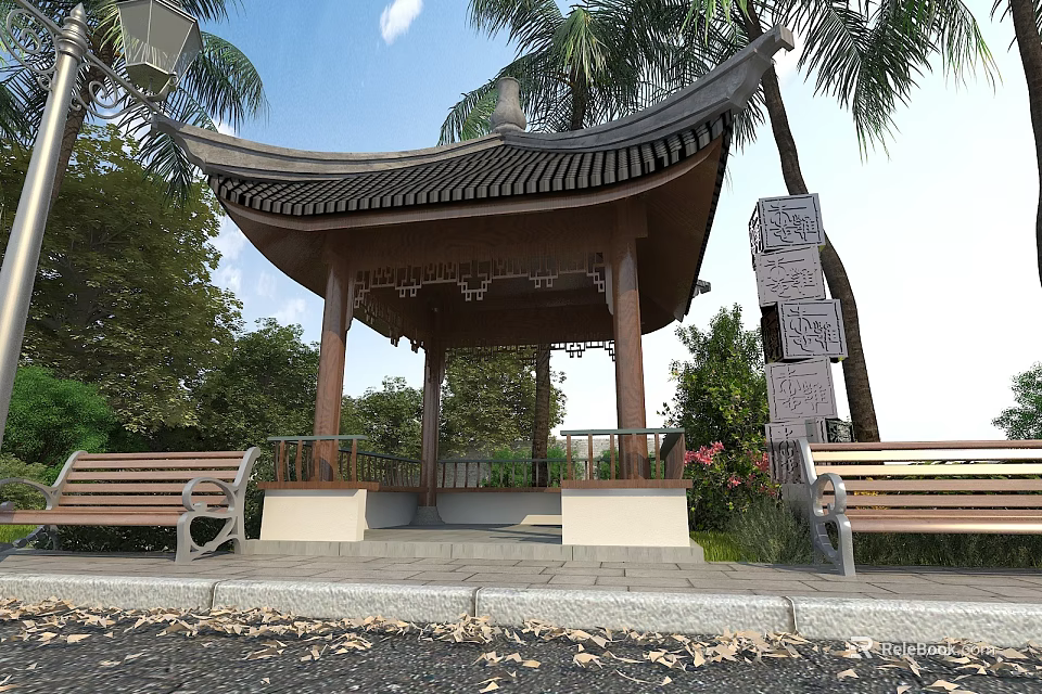 Ancient Architecture Pavilion With Traditional Curved Roof Wooden Structure And Stone Benches Among Trees 3d model 